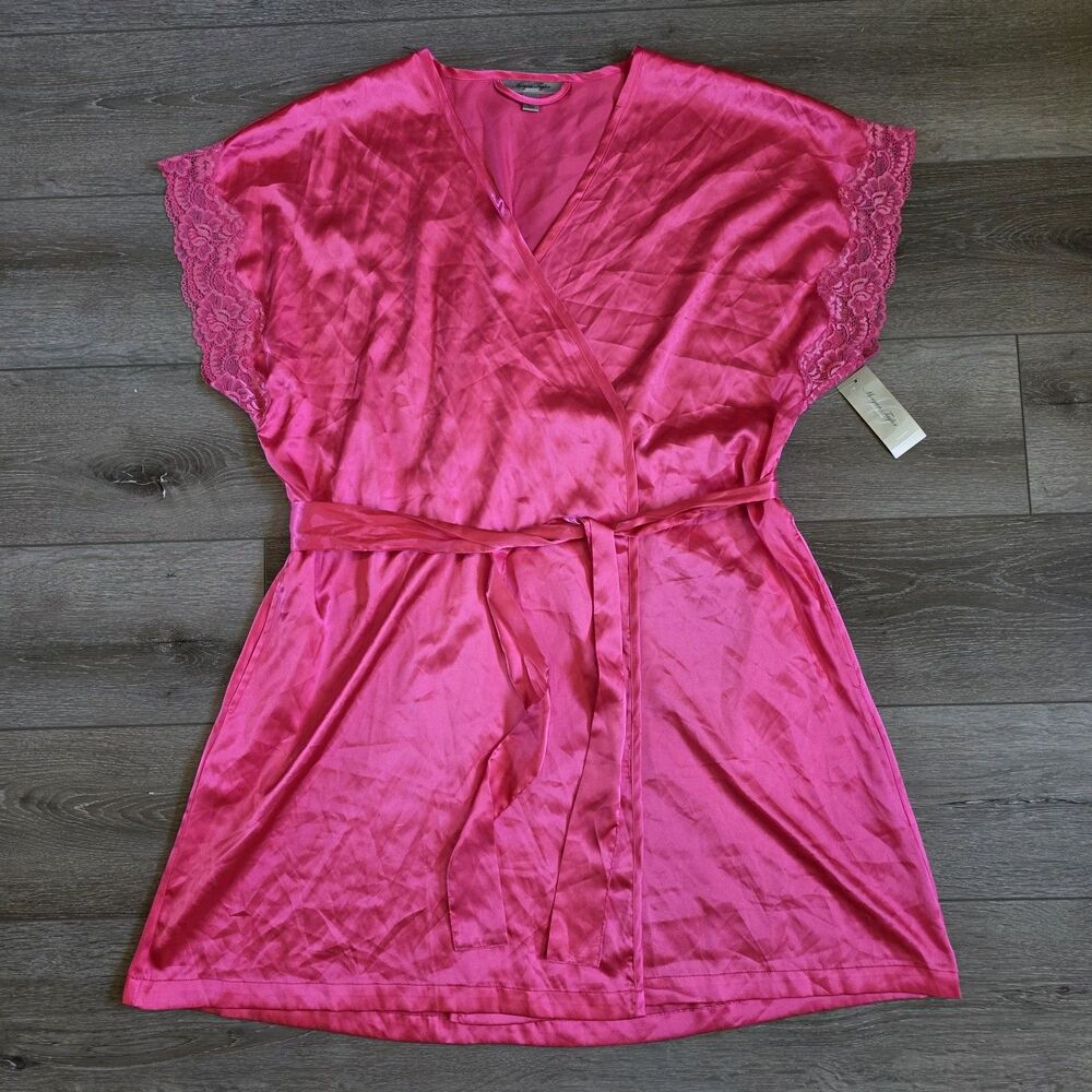 Morgan Taylor Womens Satin Pink Lace Kimono Robe Size L/XL Romantic NWT